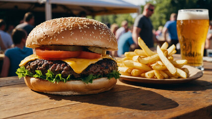 Delicious cheeseburger with fries and beer on a wooden table at an outdoor gathering