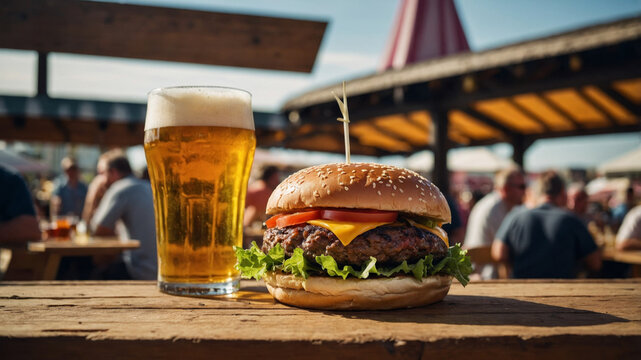 Delicious burger and beer on a wooden table at an outdoor restaurant