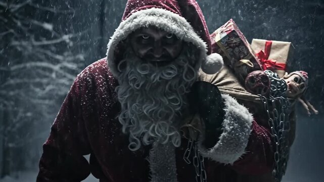 Evil santa claus creeping through heavy snowfall with chained sack of creepy gifts on Christmas eve. Dark holiday theme.