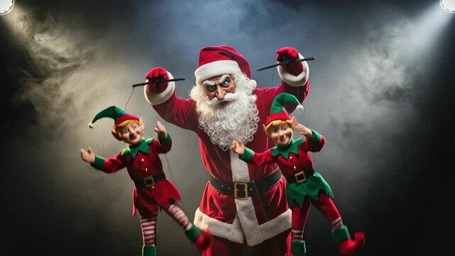 Evil Santa controlling two Christmas elf puppets on strings with spotlight and smoke effect, dark holiday puppet show display