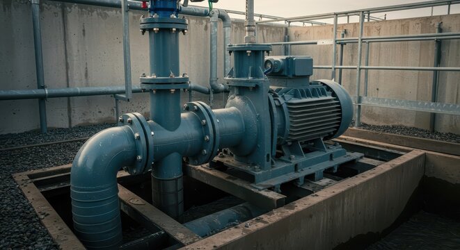 Heavy-duty submersible pump installed in a wastewater treatment station pit, handling sludge and sewage runoff. Essential urban infrastructure equipment, urban, runoff, utility