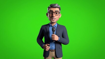 Cartoon journalist speaking. 3D character with microphone. Man in suit and glasses. Green screen background. Vector illustration for news or media.