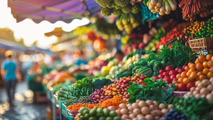 Fresh produce display at a vibrant outdoor farmers market on a sunny day