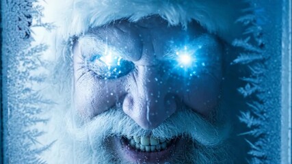 Man dressed as Santa with glowing blue eyes and frosted window, an eerie and intense Christmas horror concept for winter holiday.