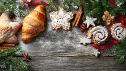 A festive arrangement of baked goods including a croissant, gingerbread cookies, and cinnamon rolls, surrounded by pine branches and holiday decorations. christmas flat lay, copy space 