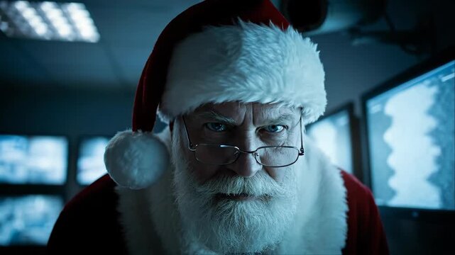 Man dressed as Santa Claus monitoring surveillance screens with a camera overhead, inspecting Christmas naughty or nice records, holiday tracking. - Powered by Adobe