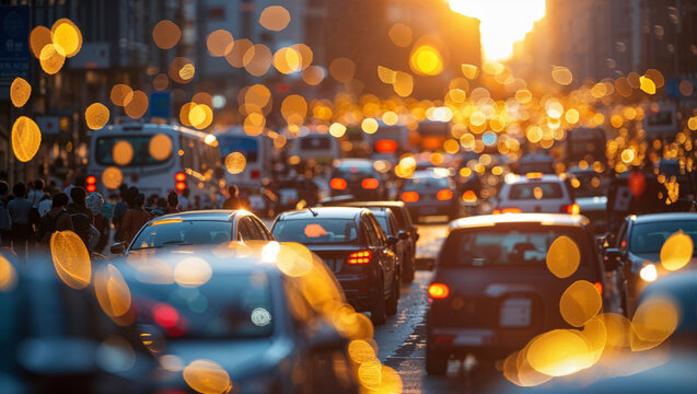 City traffic at sunset with bokeh effect, cars and people in the street - Powered by Adobe