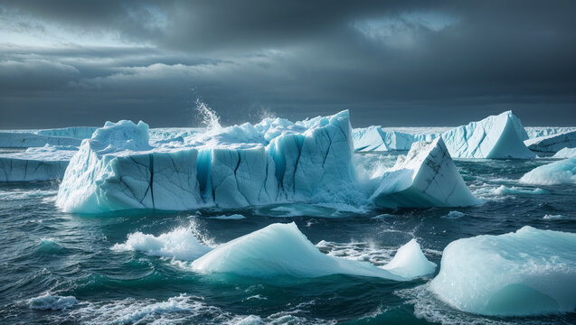 Dramatic view of icebergs floating in the arctic ocean under a stormy sky