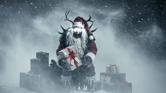 Krampus creature in Santa suit with glowing eyes holding Christmas gift in snowy landscape