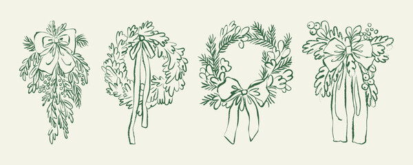 Christmas wreath chalk line art. Hand drawn vintage Christmas decoration. Drawing of winter holiday door decor. Whimsical doodle set of retro wreaths with mistletoe, pine branches, and bows.