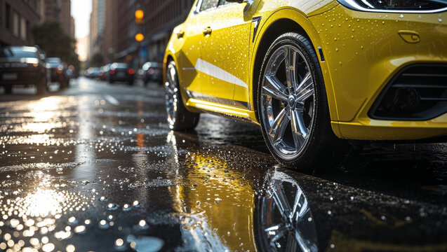 Yellow car parked on a wet street with reflections in the city