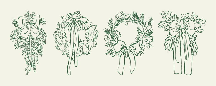 Christmas wreath chalk line art. Hand drawn vintage Christmas decoration. Drawing of winter holiday door decor. Whimsical doodle set of retro wreaths with mistletoe, pine branches, and bows.