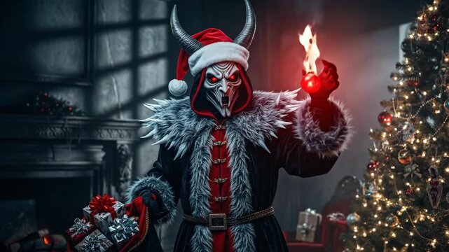 Male horned creature in a santa hat holding glowing orb, then fire, then candle near christmas tree and gifts, dark fantasy holiday character.
