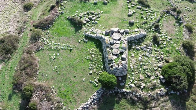 Drone aerial photo of Sa Domu de Sorcu ancient Giant&rsquo;s Tomb in Sardinia