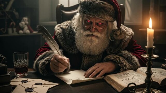 Man as Santa Claus writing letter with quill pen, red glowing eyes symbolizing good and naughty list decision for Christmas.