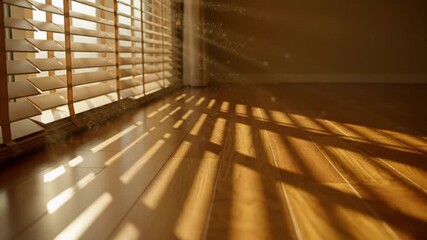 Sunlight streaming through wooden blinds onto a hardwood floor  