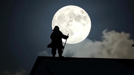 Man as Santa Claus silhouette standing on a rooftop with a staff under a bright full moon and moving night clouds for Christmas holiday design