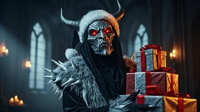 Demon in Santa hat holding Christmas gifts in dark church setting. Scary holiday creature with glowing red eyes and horns.