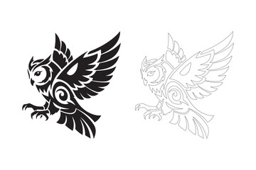 Tribal style owl silhouette and outline design