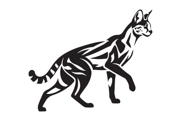 Stylized black and white illustration of a serval cat