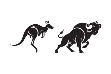 Kangaroo and bull silhouettes facing off in dynamic poses