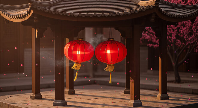 Two vibrant red Chinese lanterns illuminate a traditional pagoda structure at dusk celebrating cultural heritage.