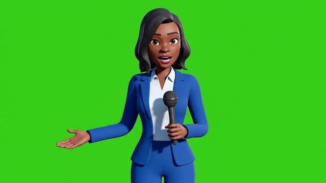 Female news anchor. Cartoon woman in blue business suit holding microphone. Green screen background. 3D illustration. Presenter. Journalist. Speaker.