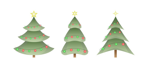 Three Christmas Trees with Lights and Star