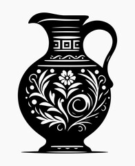 Black and white illustration of an antique ceramic jug with floral ornaments. Vector graphics. EPS.