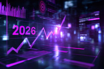 Holographic Purple 2026 Display with Rising Line Graph in Futuristic Digital Environment