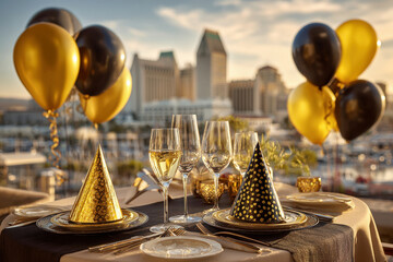 Luxury Rooftop Party Table Setting with Gold Black Party Hats Champagne Glasses and City Skyline View