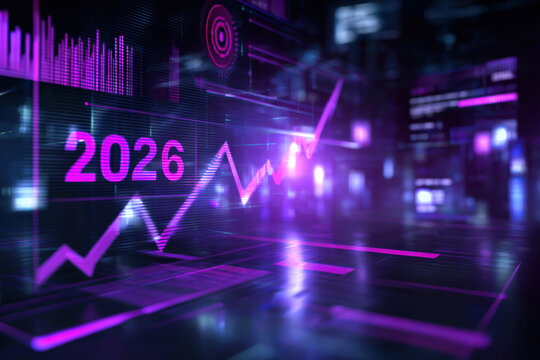 Holographic Purple 2026 Display with Rising Line Graph in Futuristic Digital Environment - Powered by Adobe