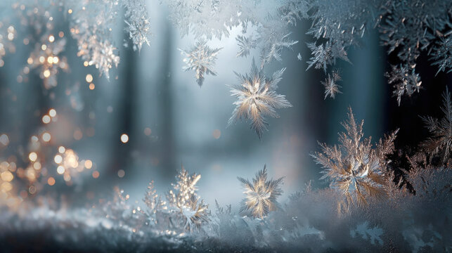 Frost Snowflakes on Frosted Glass Surface with Warm Bokeh Light Background - Powered by Adobe