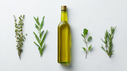 Herbal olive oil bottle with fresh green herbs on light background