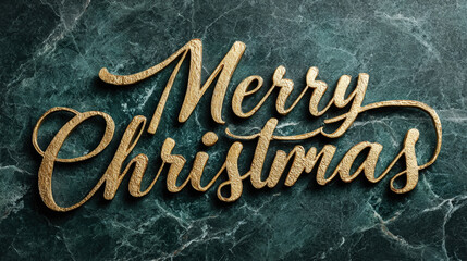 Golden Merry Christmas Script Lettering on Dark Green Marble Surface with Natural Stone Texture