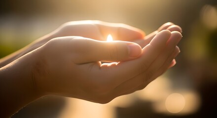 Gently cupped hands glowing softly in warm sunlight of serene calm.