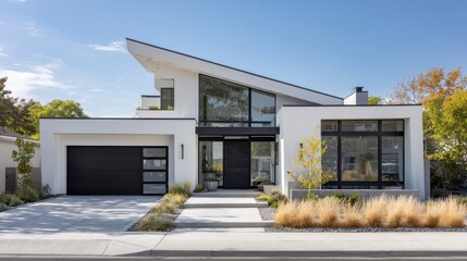 High resolution photo of modern white home with angular roof. Dark garage door sits beside glass entry. Dry grass landscaping borders concrete driveway. Sunny daytime exterior view.