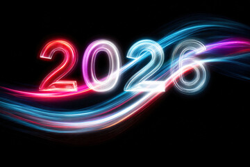 Dynamic Light Trail Number 2026 with Curved Flowing Lines in Red Blue Pink