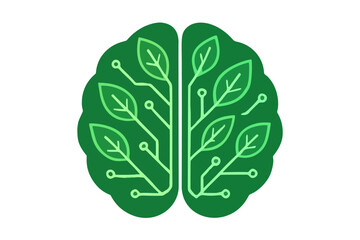 Illustration of a stylized brain with green leaf and circuit details. Symbolic of intelligence, nature, creative thinking, eco technology and sustainable solutions.	