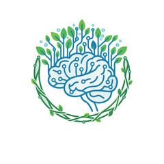 Minimalist illustration of a human brain in line art style with connected leaves and branches, representing eco friendly artificial intelligence or green technology. Symbolizes sustainable solutions.	