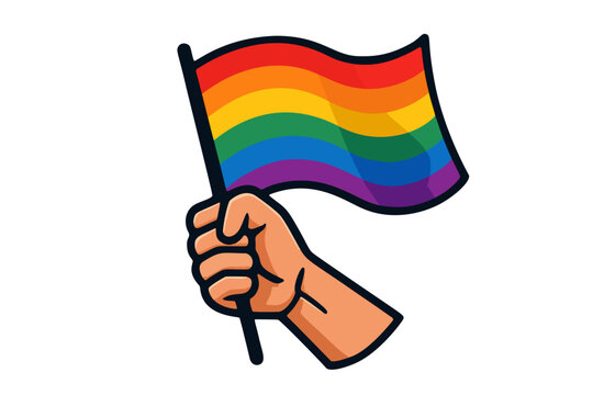 A colorful cartoon illustration of a hand holding a rainbow pride flag. Symbolic of equality, freedom, and LGBT pride, ideal for various projects and campaigns.	