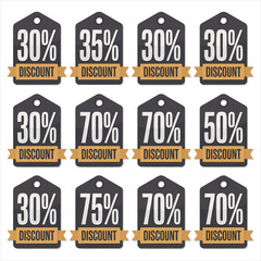 Obraz premium Twelve discount tags showcase thirty, thirty five, fifty, seventy, and seventy five percent savings