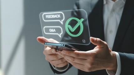 Professional uses smartphone for glowing feedback, Q&A, and confirmation interface. Modern digital customer service, online support, and business communication solution, with sleek, interactive tec