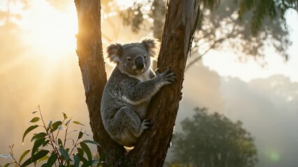 Early morning sun highlights peaceful koala nestled among tree - Powered by Adobe