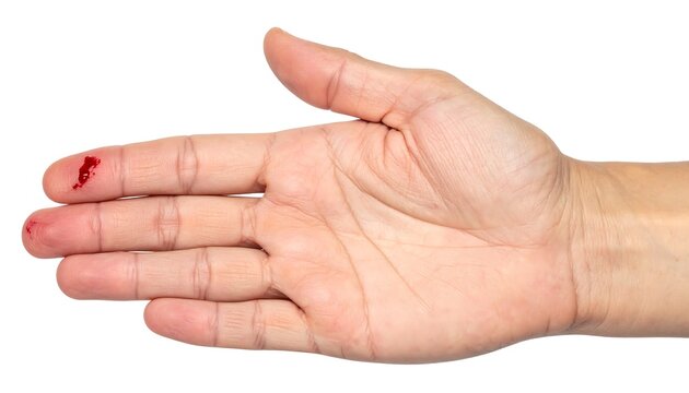 Minor injury, a small, clean cut on a hand starting to bleed, isolated on white