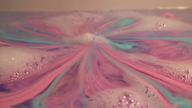 Colorful bath bomb dissolving and creating swirls in water  
