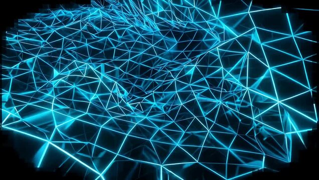 Futuristic 4K digital background showcasing animated blue polygonal mesh and geometric waves viewed in ultra wide angle and orthographic perspectives ideal for technology digital animation and
