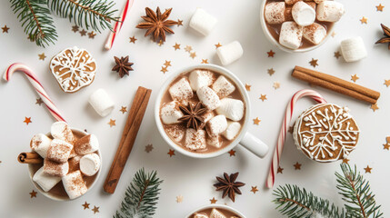 Top-down view of a cup of creamy hot chocolate topped with marshmallows and spices on a wooden table