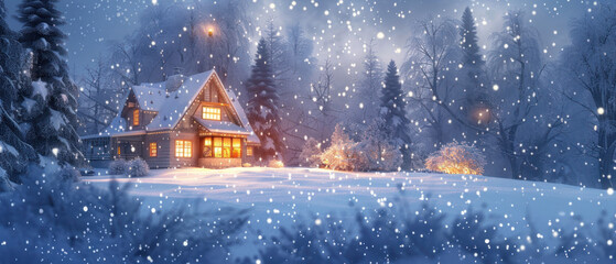 Snowy winter village with cottages and pine trees at dusk with falling snow