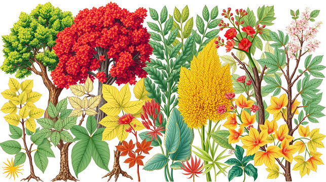 Vibrant illustration of dicots showcasing trees shrubs flowering plants with distinctive leaf patterns and branching structures
